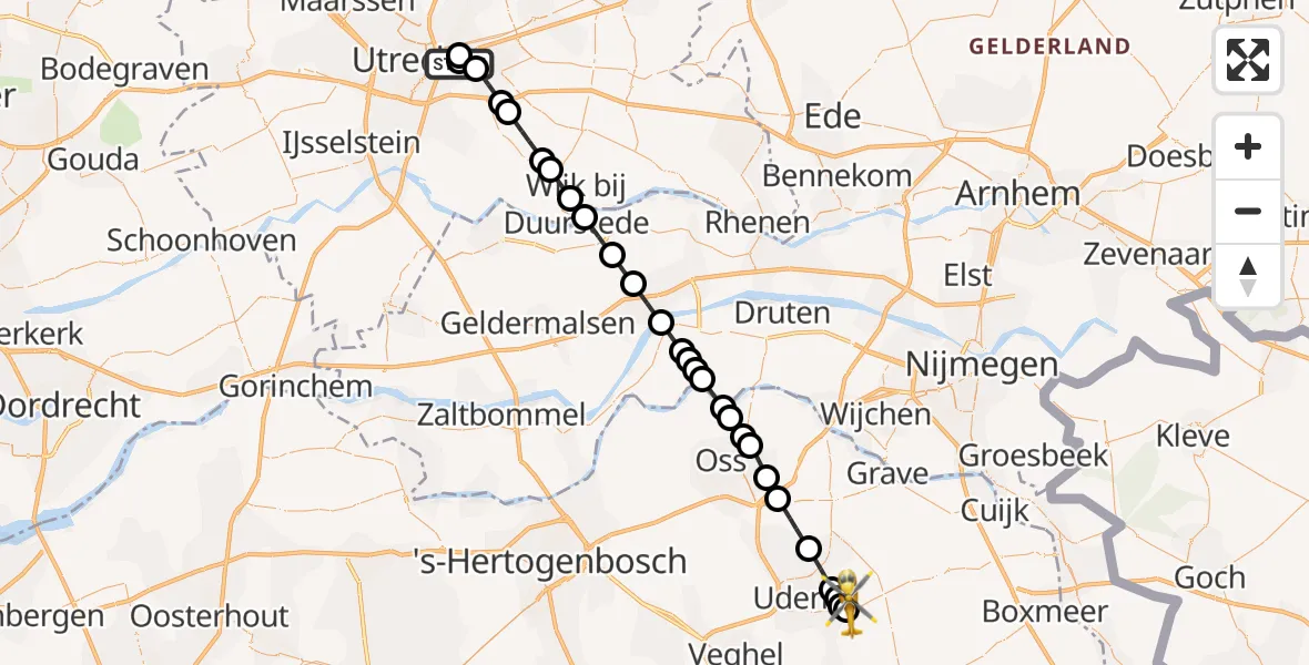 Vluchtroute Traumahelikopter Universitair Medisch Centrum Utrecht - Vliegbasis Volkel, 09 mei 2026, 19:54
