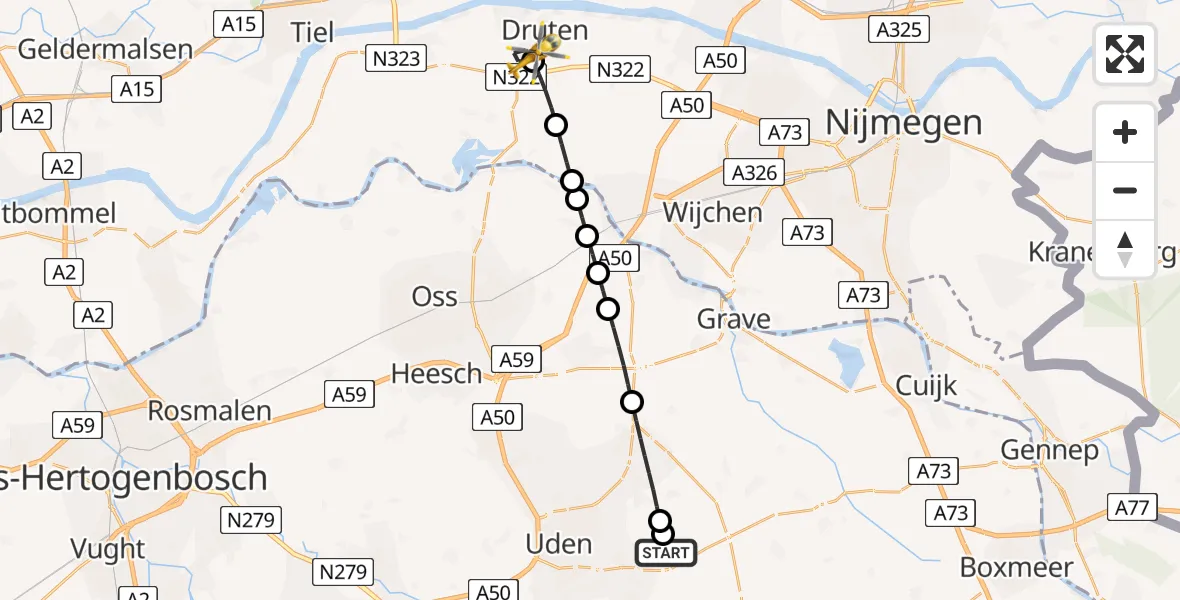 Vluchtroute Traumahelikopter Vliegbasis Volkel - Puiflijk, 09 mei 2026, 20:27