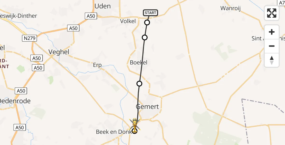 Vluchtroute Traumahelikopter Vliegbasis Volkel - Aarle-Rixtel, 09 mei 2026, 22:37