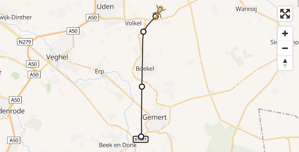 Vluchtroute Traumahelikopter Aarle-Rixtel - Vliegbasis Volkel, 09 mei 2026, 22:59