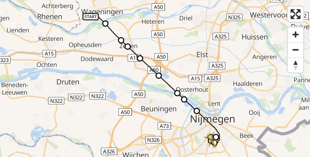 Vluchtroute Traumahelikopter Wageningen - Radboud University Medical Center Heliport, 10 mei 2026, 00:56