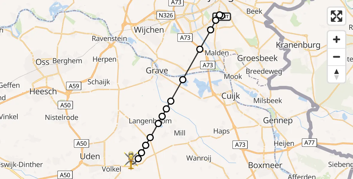 Vluchtroute Traumahelikopter Radboud Universitair Medisch Centrum - Vliegbasis Volkel, 10 mei 2026, 01:28
