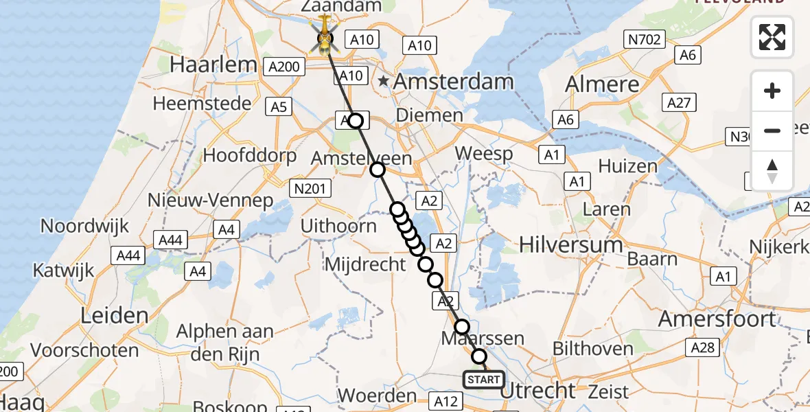 Vluchtroute Traumahelikopter Utrecht - Amsterdam Heliport, 10 mei 2026, 01:34