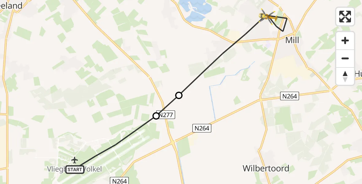 Vluchtroute Traumahelikopter Vliegbasis Volkel - Mill, 10 mei 2026, 02:40
