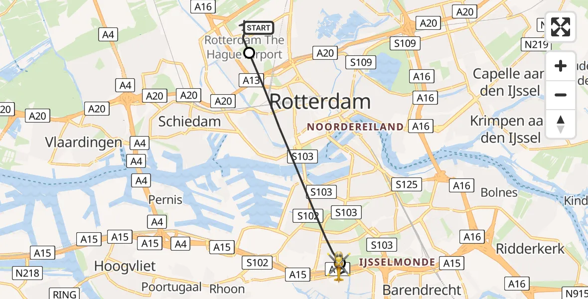 Vluchtroute Traumahelikopter Rotterdam The Hague Airport - Barendrecht, 10 mei 2026, 05:45