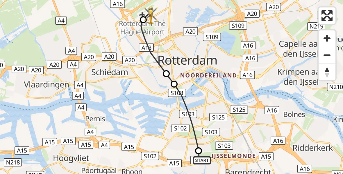 Vluchtroute Traumahelikopter Barendrecht - Rotterdam The Hague Airport, 10 mei 2026, 06:43