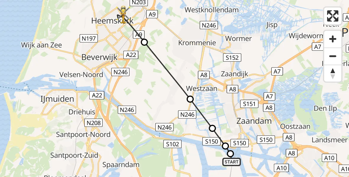 Vluchtroute Traumahelikopter Amsterdam Heliport - Heemskerk, 10 mei 2026, 07:10