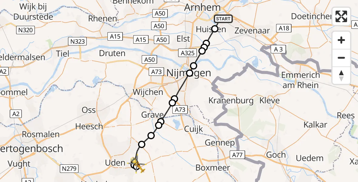 Vluchtroute Traumahelikopter Westervoort - Vliegbasis Volkel, 10 mei 2026, 07:23