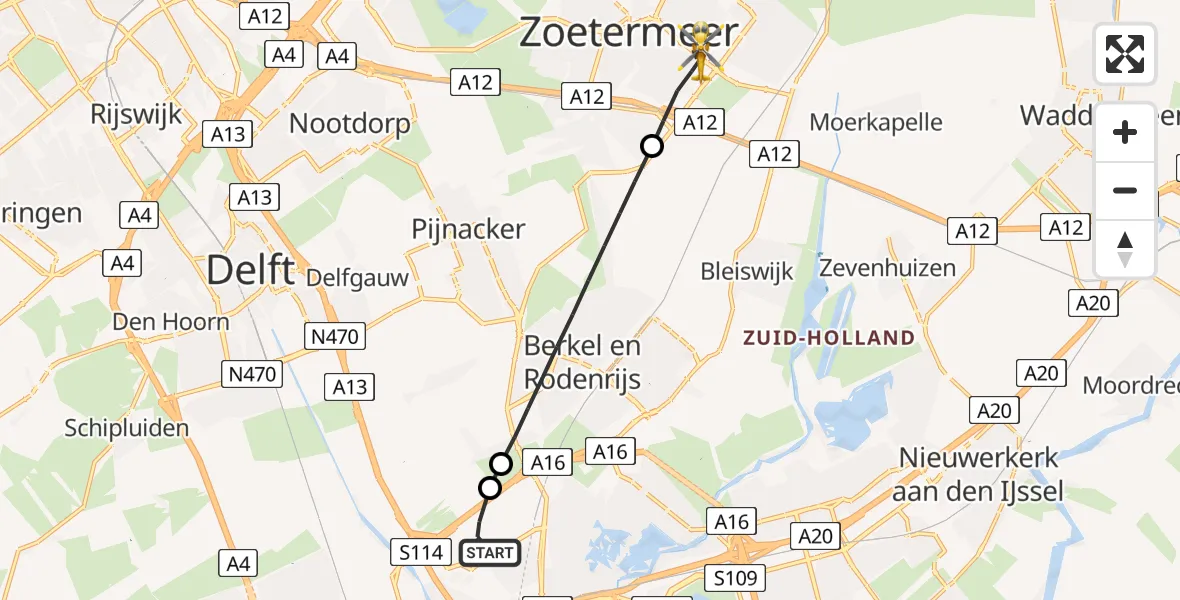 Vluchtroute Traumahelikopter Rotterdam The Hague Airport - Zoetermeer, 10 mei 2026, 07:50