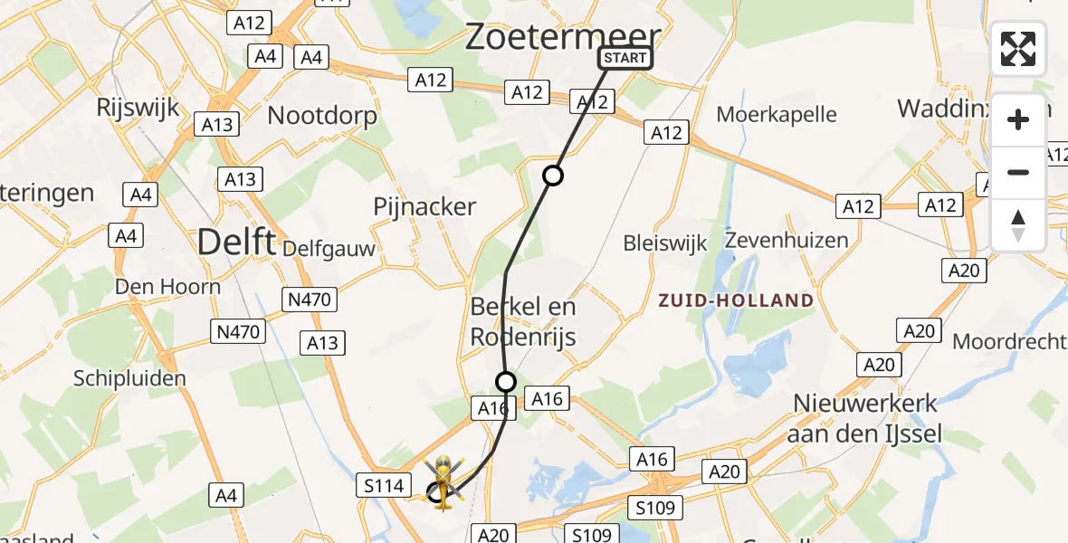 Vluchtroute Traumahelikopter Zoetermeer - Rotterdam The Hague Airport, 10 mei 2026, 08:12