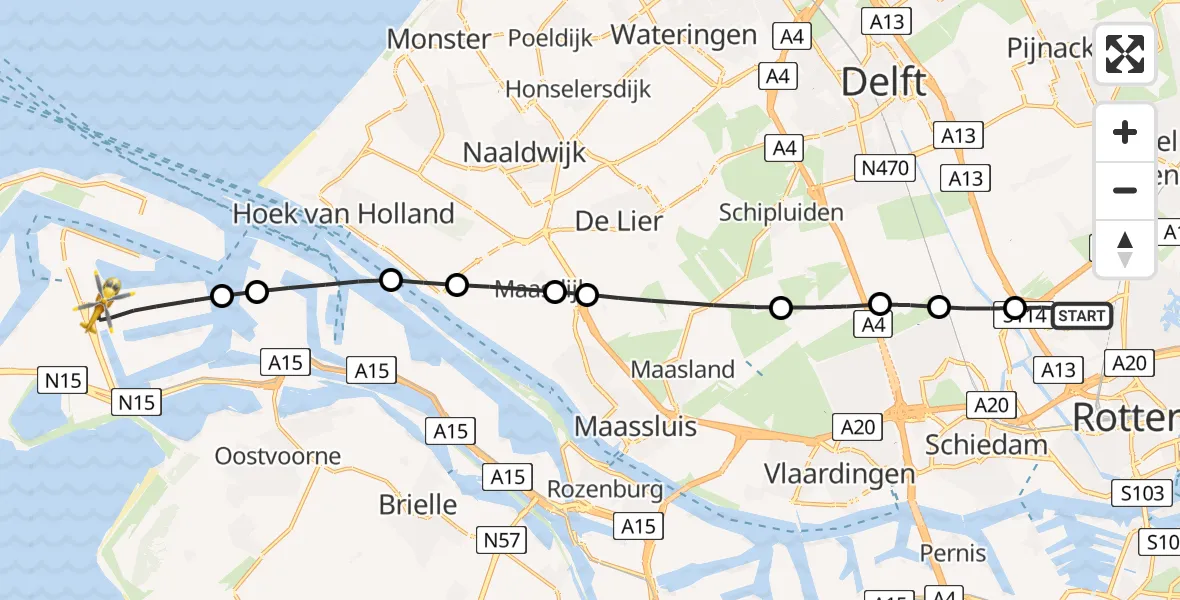 Vluchtroute Traumahelikopter Rotterdam The Hague Airport - Maasvlakte Rotterdam, 10 mei 2026, 09:07