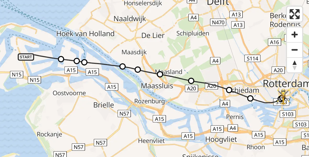 Vluchtroute Traumahelikopter Maasvlakte Rotterdam - Erasmus MC, 10 mei 2026, 09:45
