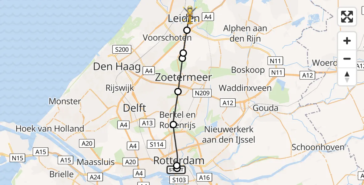 Vluchtroute Traumahelikopter Erasmus MC - Leiden, 10 mei 2026, 10:09