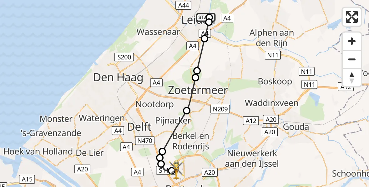 Vluchtroute Traumahelikopter Leiden - Rotterdam The Hague Airport, 10 mei 2026, 11:25