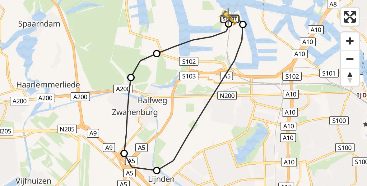 Vluchtroute Traumahelikopter Amsterdam Heliport - Amsterdam Heliport, 10 mei 2026, 12:38