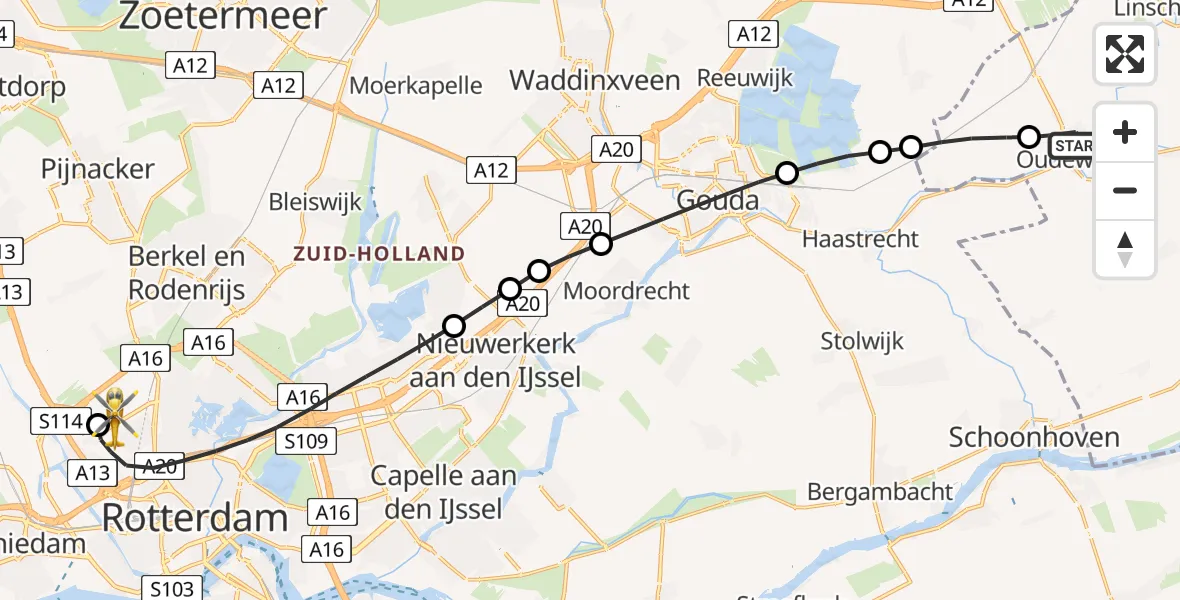 Vluchtroute Traumahelikopter Oudewater - Rotterdam The Hague Airport, 10 mei 2026, 12:45