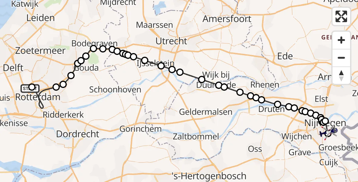 Vluchtroute Politiehelikopter Rotterdam The Hague Airport - Nijmegen, 10 mei 2026, 13:46