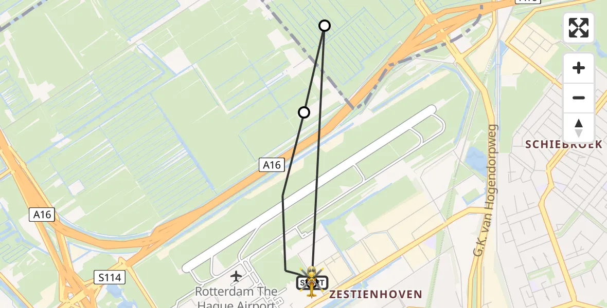 Vluchtroute Traumahelikopter Rotterdam The Hague Airport - Rotterdam The Hague Airport, 10 mei 2026, 14:25
