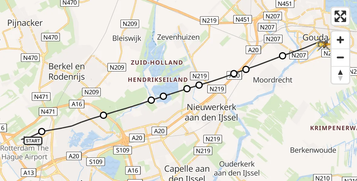 Vluchtroute Traumahelikopter Rotterdam The Hague Airport - Gouda, 10 mei 2026, 14:51