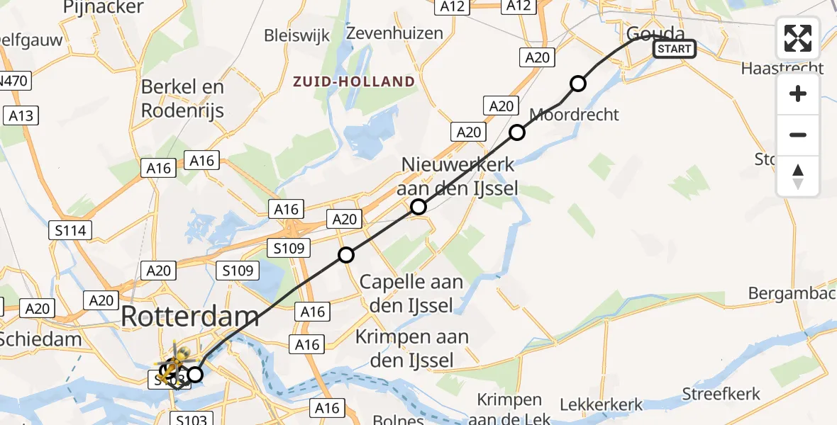 Vluchtroute Traumahelikopter Gouda - Erasmus MC, 10 mei 2026, 15:38