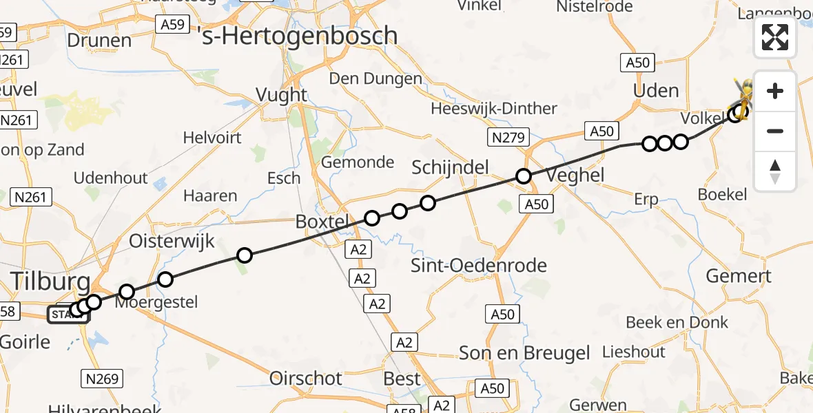 Vluchtroute Traumahelikopter St. Elisabeth Hospital Heliport - Vliegbasis Volkel, 10 mei 2026, 17:44