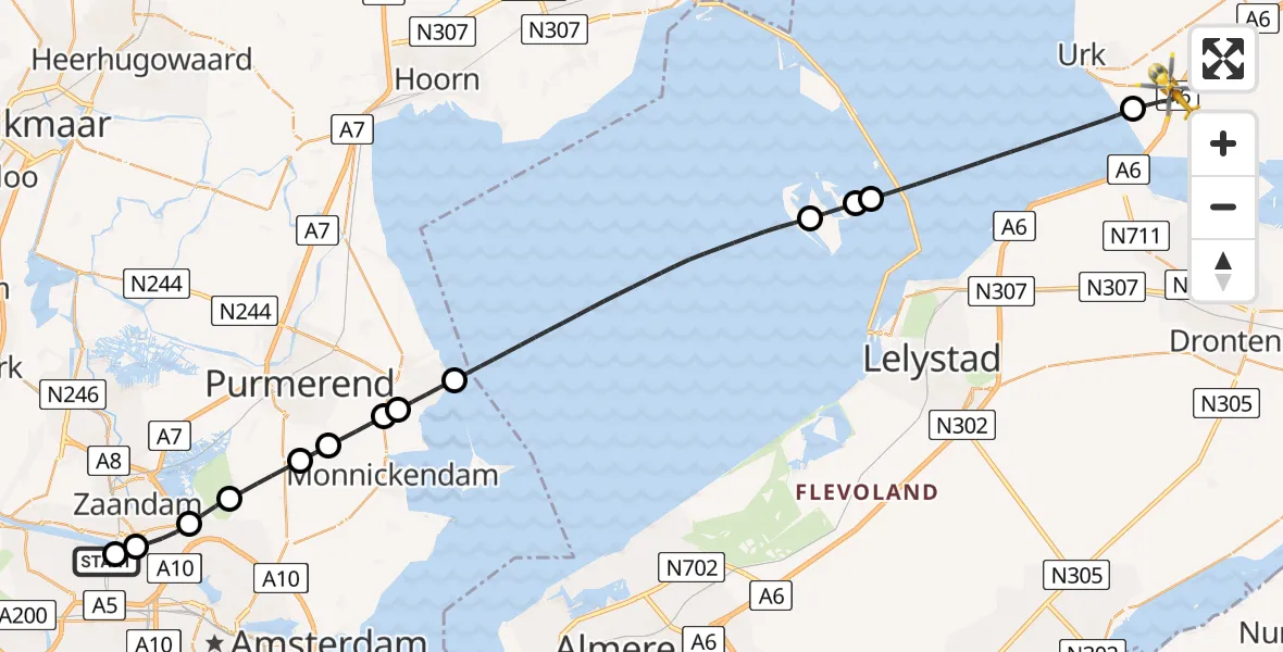 Vluchtroute Traumahelikopter Amsterdam Heliport - Nagele, 10 mei 2026, 17:51