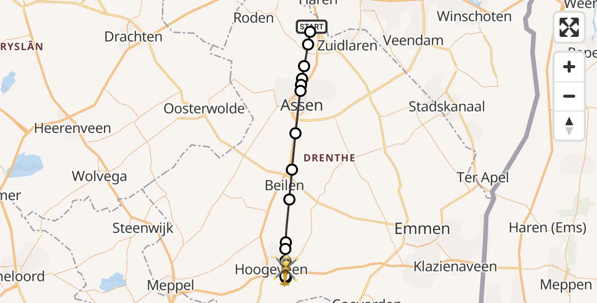 Vluchtroute Traumahelikopter Groningen Airport Eelde - Hoogeveen, 10 mei 2026, 19:55