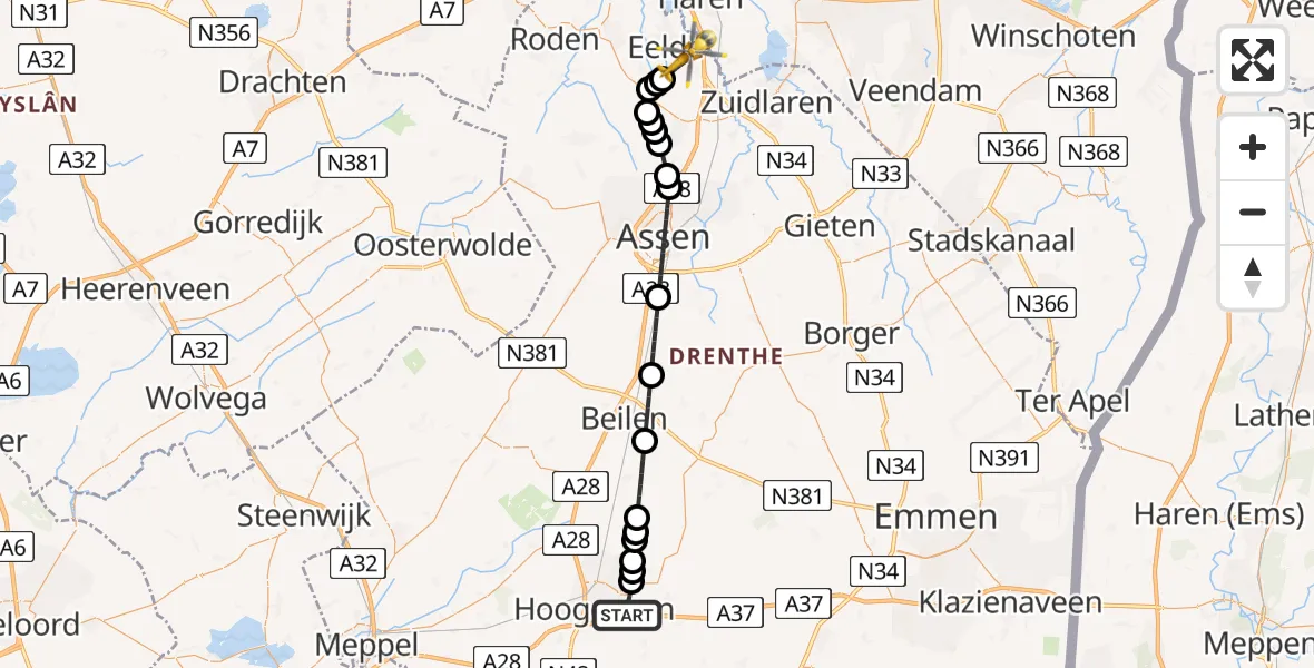 Vluchtroute Traumahelikopter Hoogeveen - Groningen Airport Eelde, 10 mei 2026, 20:31