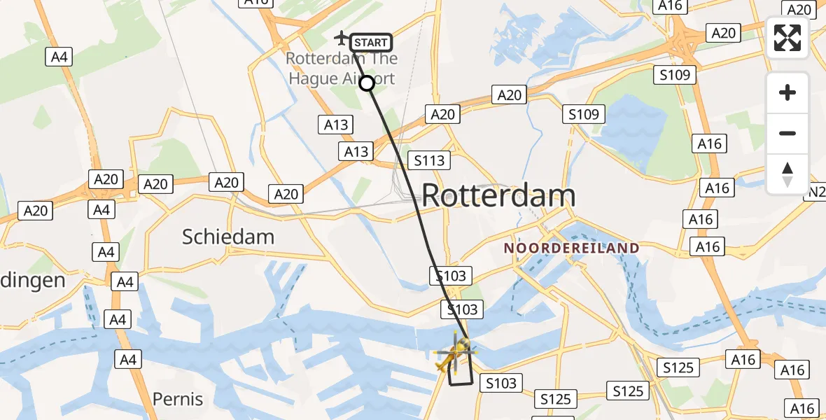 Vluchtroute Traumahelikopter Rotterdam The Hague Airport - Rotterdam, 11 mei 2026, 04:22