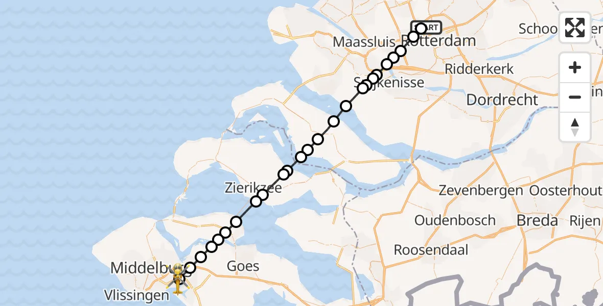Vluchtroute Traumahelikopter Rotterdam The Hague Airport - Ritthem, 11 mei 2026, 05:14