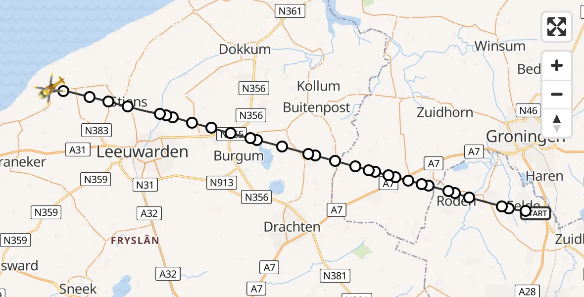 Vluchtroute Traumahelikopter Groningen Airport Eelde - St.-Jacobiparochie, 11 mei 2026, 07:12