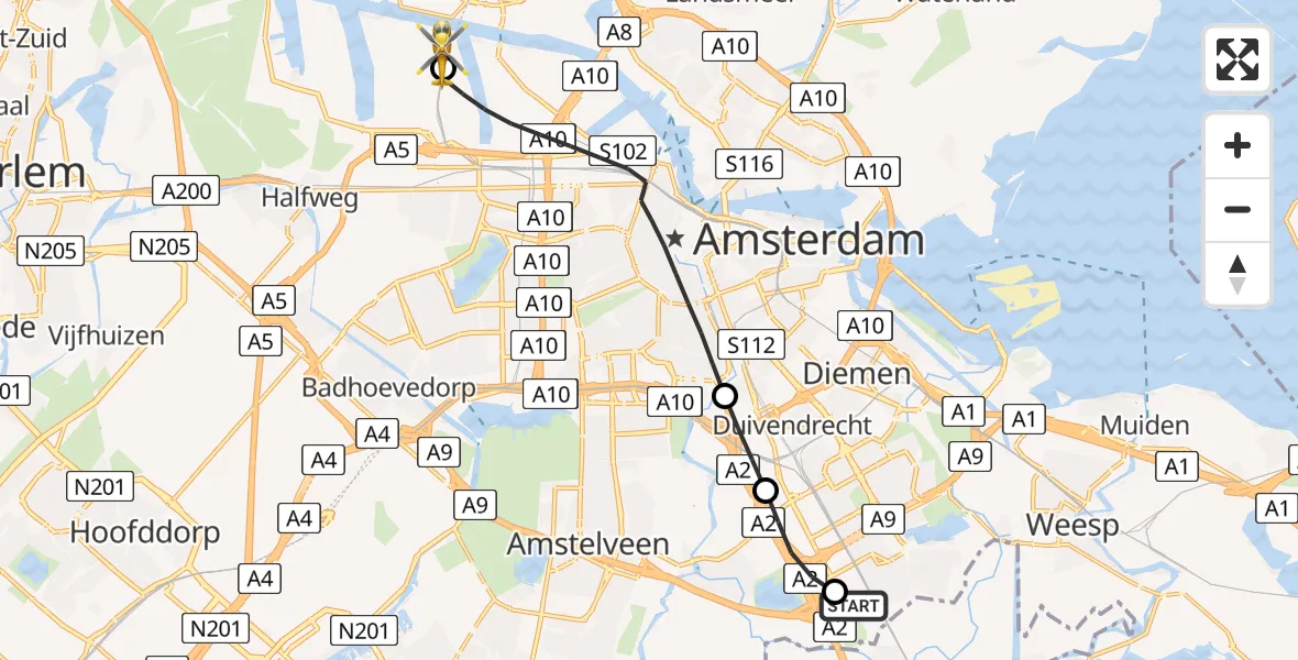 Vluchtroute Traumahelikopter Amsterdam UMC Helipad - Amsterdam Heliport, 11 mei 2026, 07:29