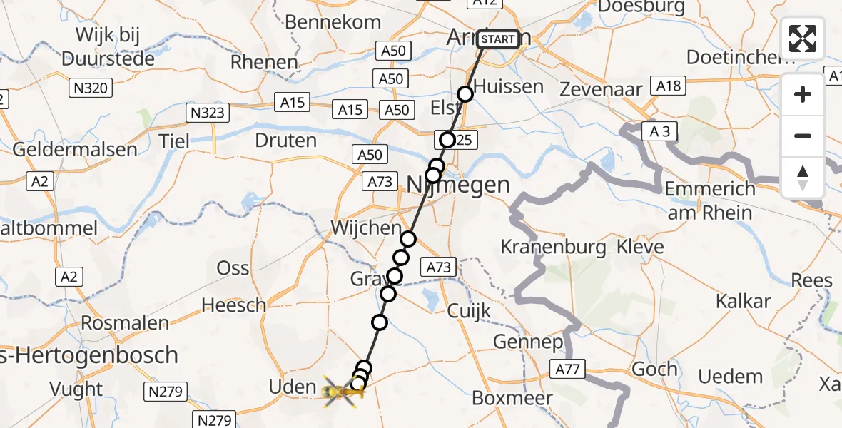 Vluchtroute Traumahelikopter Arnhem - Vliegbasis Volkel, 11 mei 2026, 07:38
