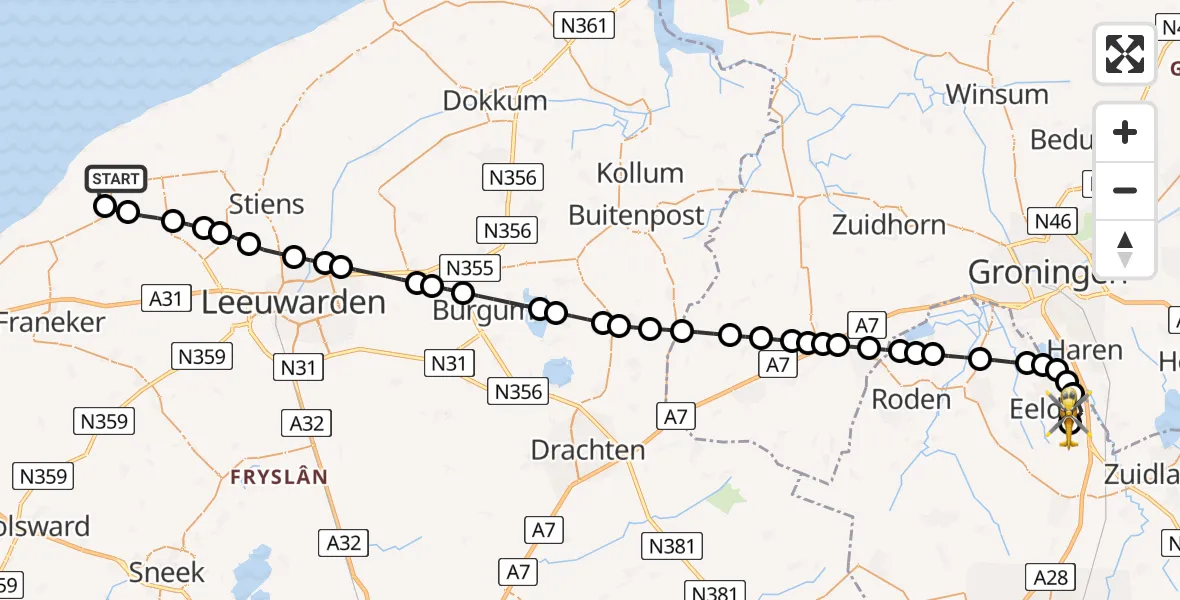 Vluchtroute Traumahelikopter St.-Jacobiparochie - Groningen Airport Eelde, 11 mei 2026, 07:56
