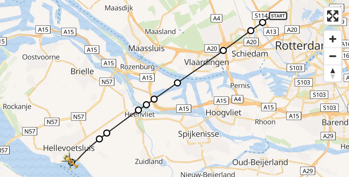 Vluchtroute Traumahelikopter Rotterdam The Hague Airport - Hellevoetsluis, 11 mei 2026, 08:06