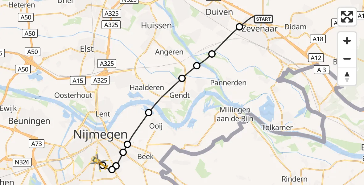 Vluchtroute Traumahelikopter Zevenaar - Radboud University Medical Center Heliport, 11 mei 2026, 08:37