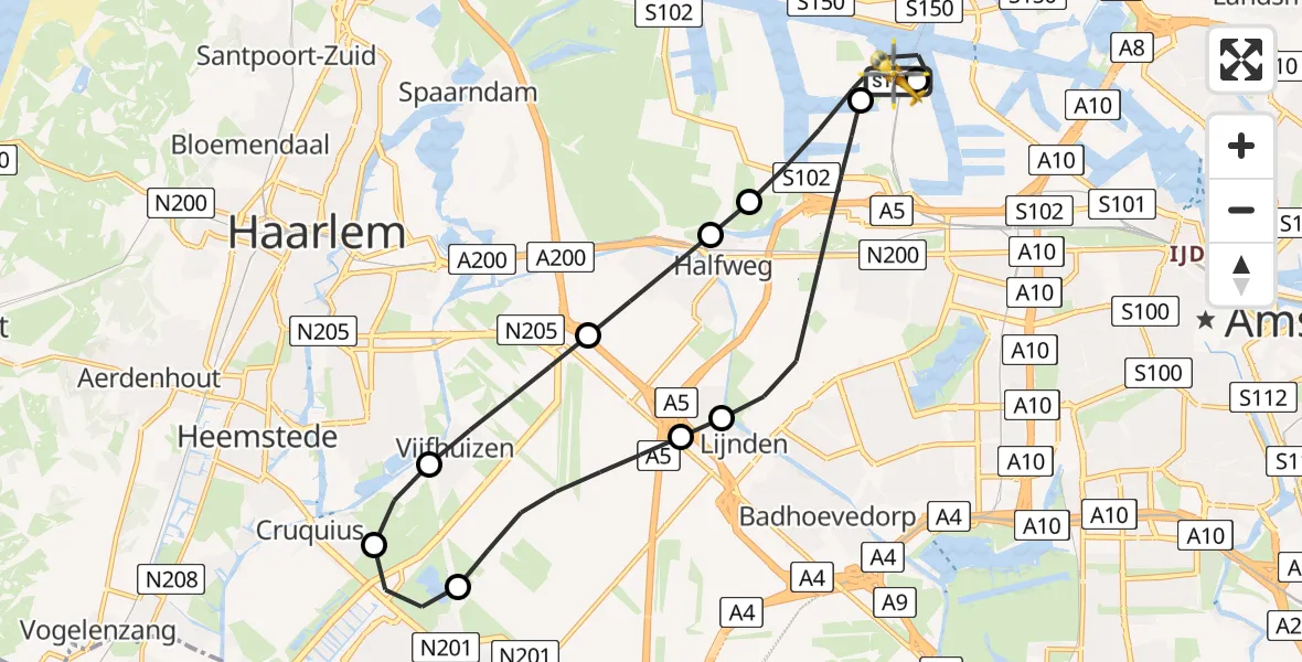 Vluchtroute Traumahelikopter Amsterdam Heliport - Amsterdam Heliport, 11 mei 2026, 08:53
