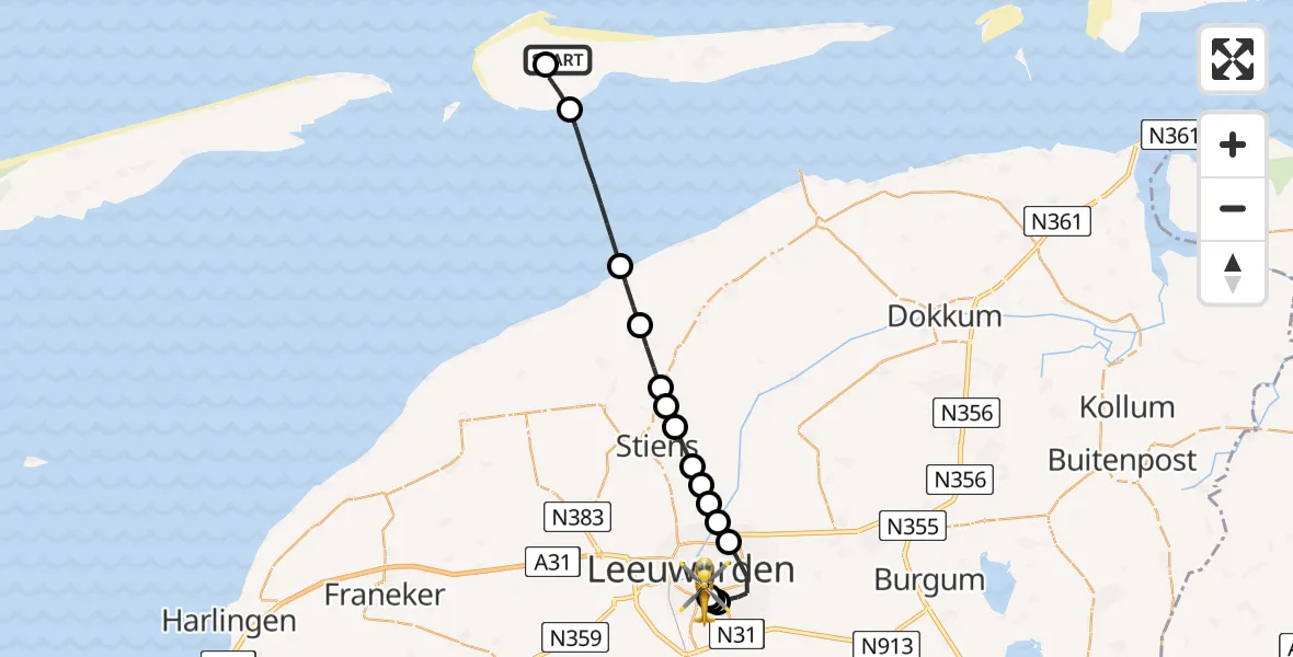 Vluchtroute Ambulancehelikopter Ameland Vliegveld Ballum - Leeuwarden Medical Center Heliport, 11 mei 2026, 14:05
