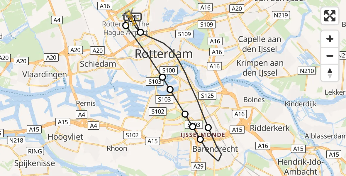 Vluchtroute Traumahelikopter Rotterdam The Hague Airport - Rotterdam The Hague Airport, 11 mei 2026, 16:26