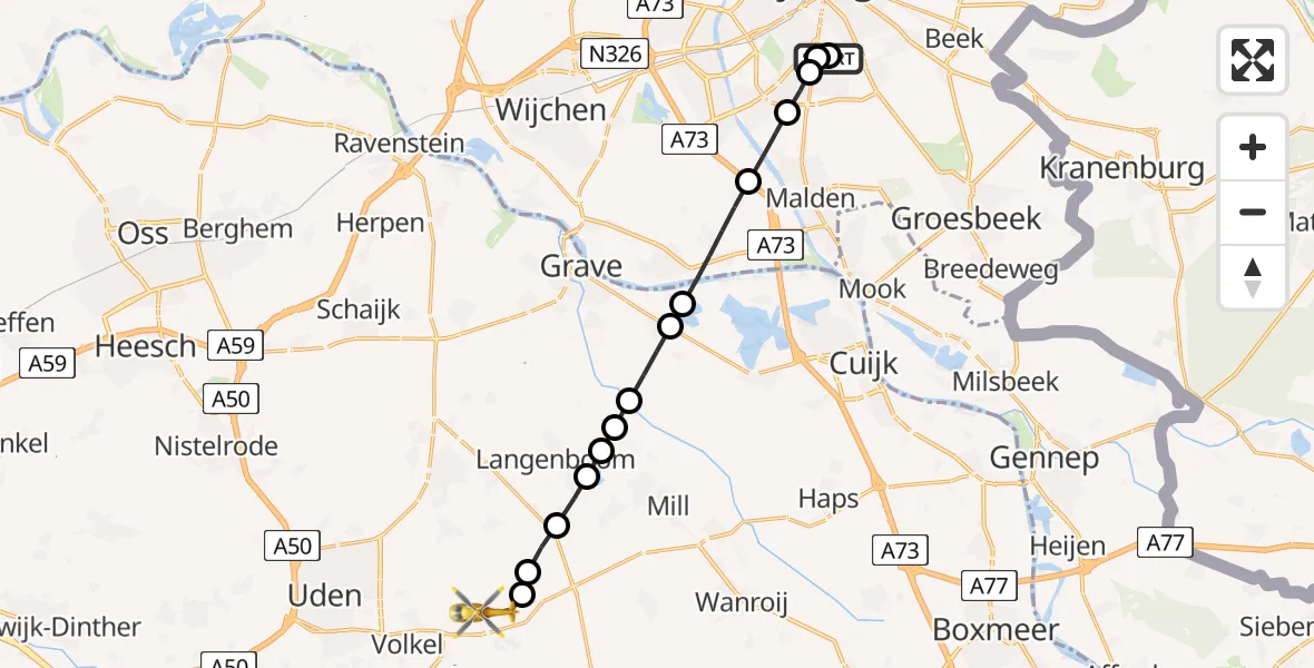 Vluchtroute Traumahelikopter Radboud Universitair Medisch Centrum - Vliegbasis Volkel, 11 mei 2026, 16:45