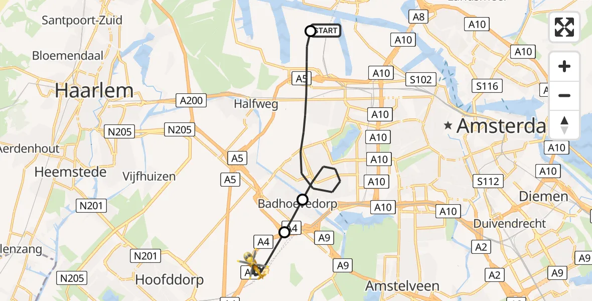 Vluchtroute Traumahelikopter Amsterdam Heliport - Amsterdam Vliegveld Schiphol, 11 mei 2026, 18:45