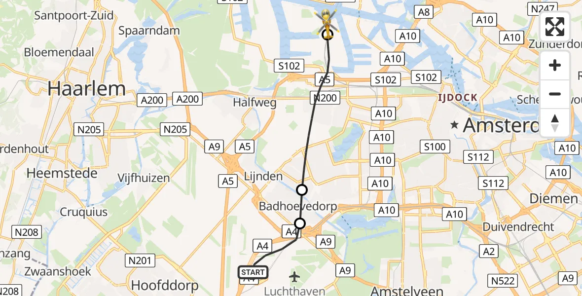 Vluchtroute Traumahelikopter Amsterdam Vliegveld Schiphol - Amsterdam Heliport, 11 mei 2026, 19:07