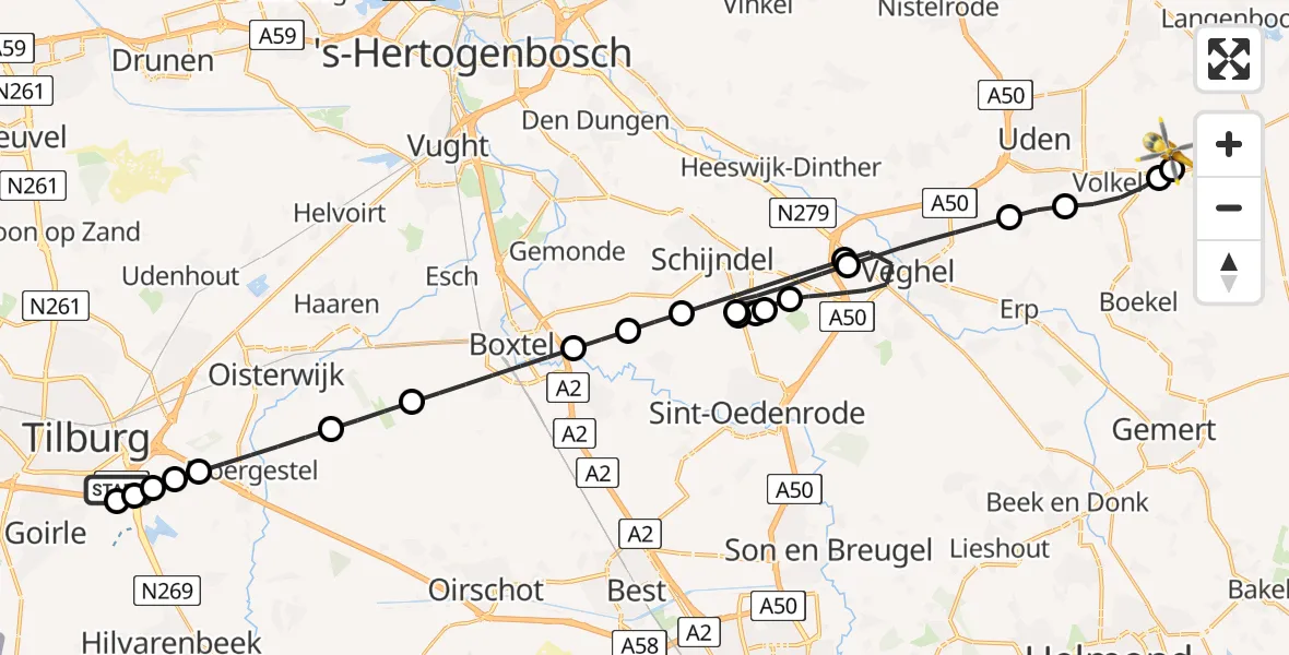 Vluchtroute Traumahelikopter St. Elisabeth Hospital Heliport - Vliegbasis Volkel, 12 mei 2026, 06:12