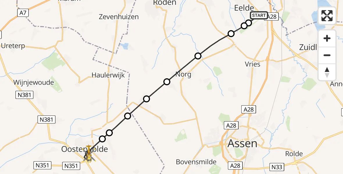 Vluchtroute Traumahelikopter Groningen Airport Eelde - Oosterwolde, 12 mei 2026, 08:21