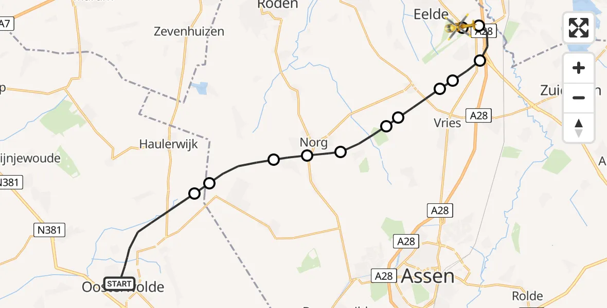 Vluchtroute Traumahelikopter Oosterwolde - Groningen Airport Eelde, 12 mei 2026, 09:04