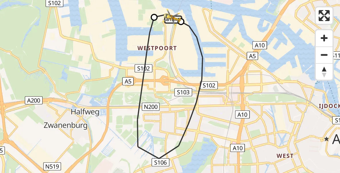 Vluchtroute Traumahelikopter Amsterdam Heliport - Amsterdam Heliport, 12 mei 2026, 09:22