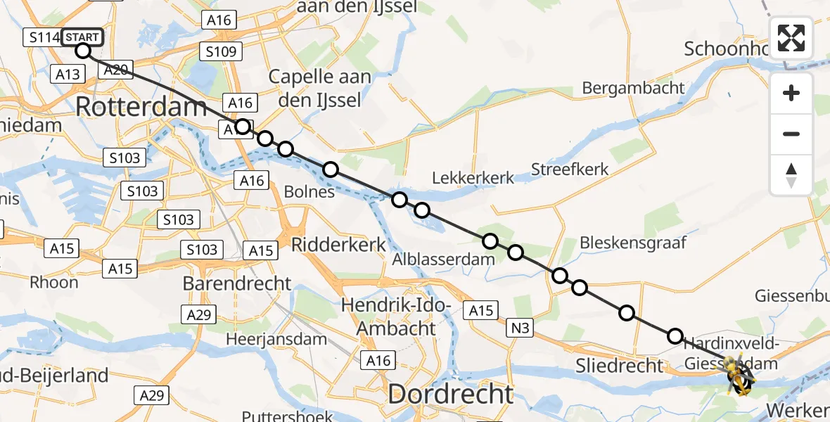 Vluchtroute Traumahelikopter Rotterdam The Hague Airport - Hardinxveld-Giessendam, 12 mei 2026, 11:17