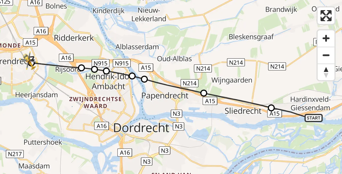 Vluchtroute Traumahelikopter Hardinxveld-Giessendam - Barendrecht, 12 mei 2026, 11:38