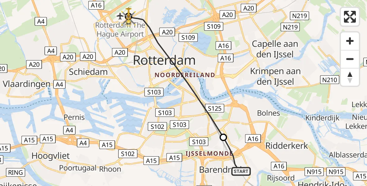 Vluchtroute Traumahelikopter Barendrecht - Rotterdam The Hague Airport, 12 mei 2026, 12:12