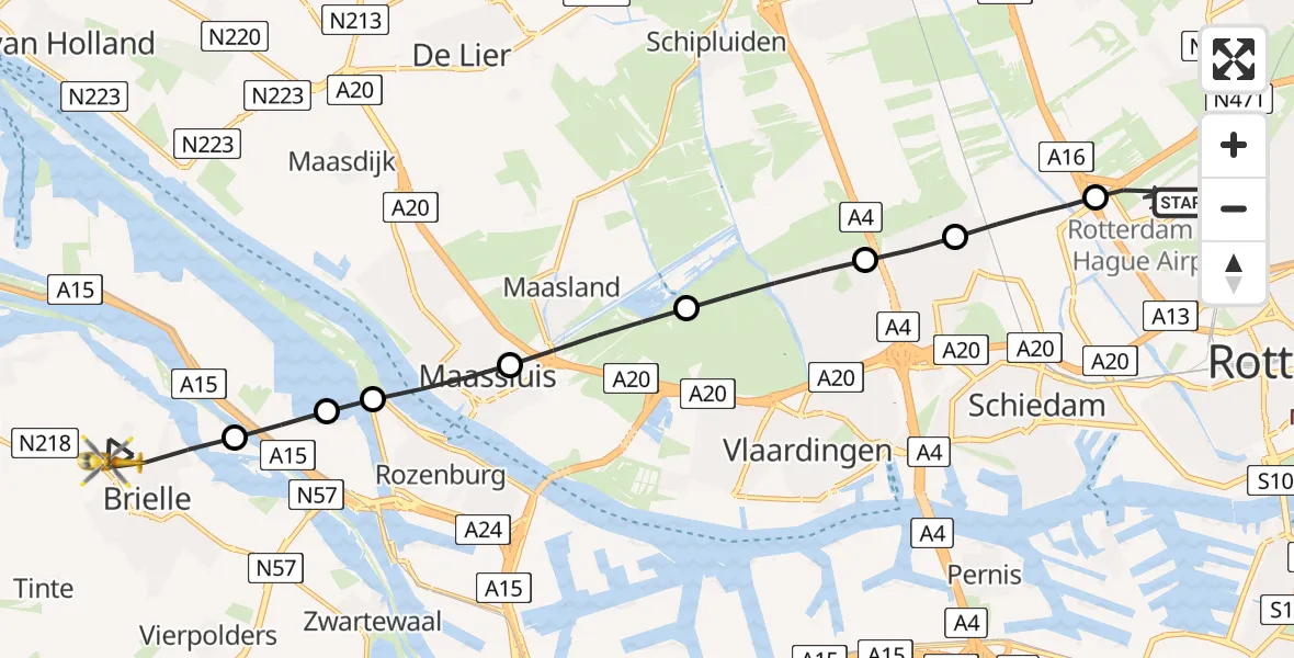 Vluchtroute Traumahelikopter Rotterdam The Hague Airport - Brielle, 12 mei 2026, 12:28